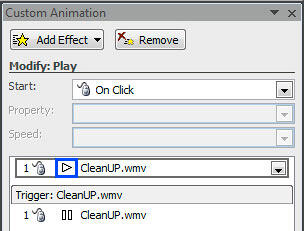 Custom Animation Task Pane displaying Play movie action added to the movie clip