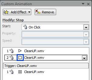 Custom Animation Task Pane displaying Stop sound action added to the movie clip