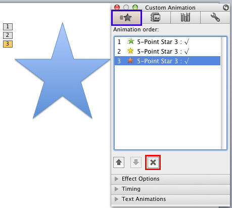 Animation selected within the Custom Animation tab of the Toolbox Animation selected within the Custom Animation tab of the Toolbox