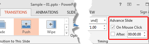 Advance Slide section within the Transitions tab
