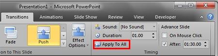 Apply To All button within the Transitions tab Apply To All button within the Transitions tab