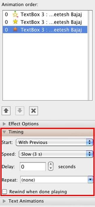 Timing Options for the Fade animation Timing Options for the Fade animation