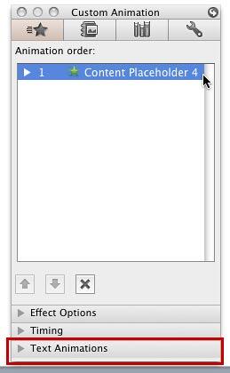 Text Animations pane within the Custom Animation tab of the Toolbox