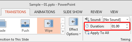 Duration box within the Transitions tab Duration box within the Transitions tab