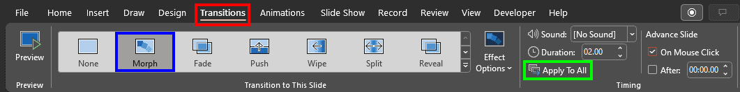 Morph transition effect in PowerPoint 365