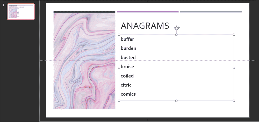 Some words typed on our first slide in PowerPoint 365 for Windows