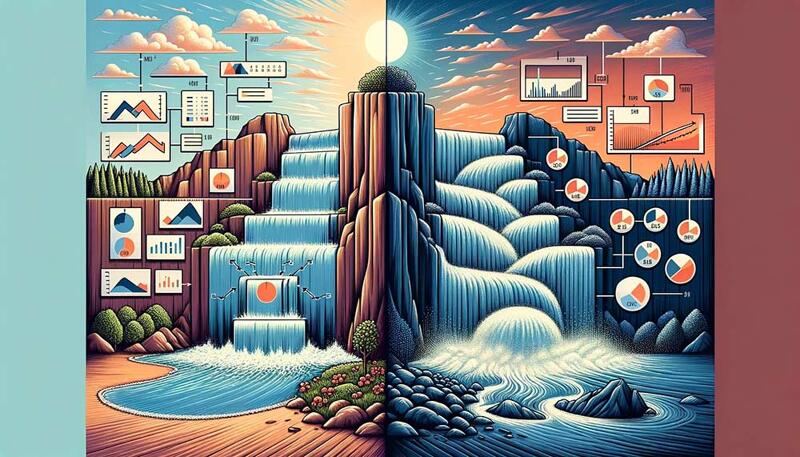 The left side features a structured, logical explanation with charts, graphs, and bullet points, while the right side offers a creative, visual representation with a cascading waterfall