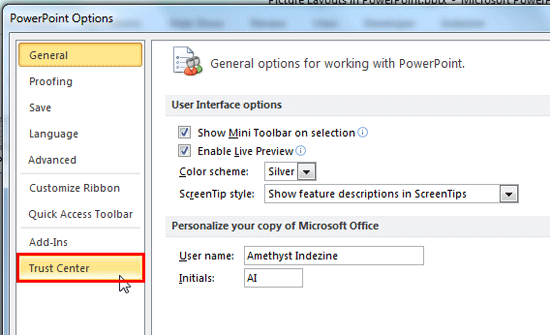 Trust Center option within the PowerPoint Options dialog box