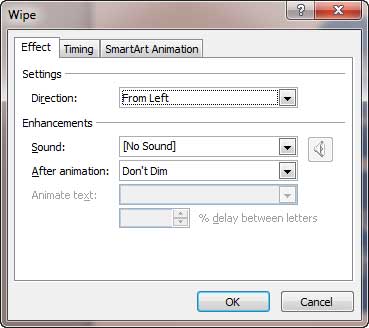 Wipe animation dialog box Wipe animation dialog box