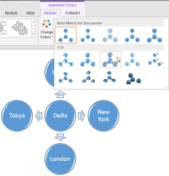 SmartArt graphic showing live preview of the style selected