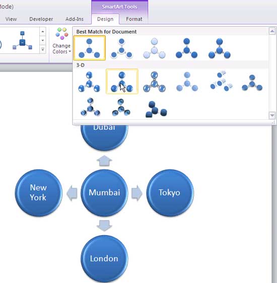 SmartArt graphic showing live preview of the style selected