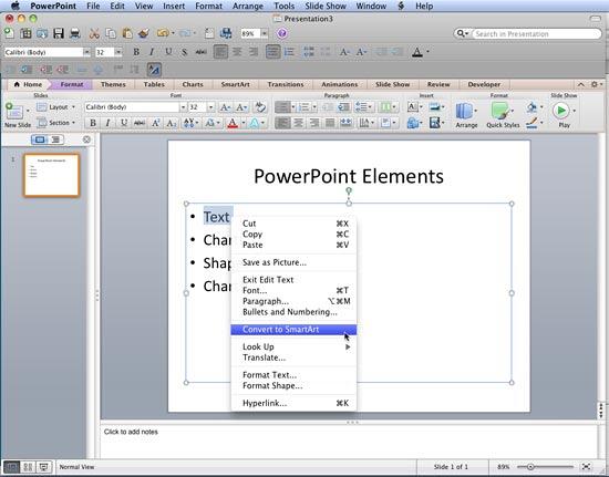 Convert to SmartArt option within the context menu Convert to SmartArt option within the context menu