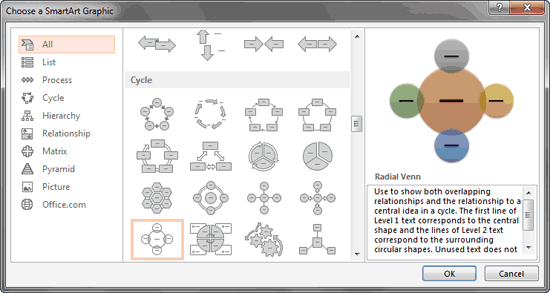 Choose a SmartArt Graphic dialog box Choose a SmartArt Graphic dialog box