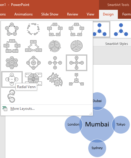 SmartArt graphic showing live preview of the layout