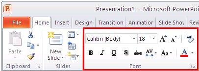 Font group within Home tab of the Ribbon