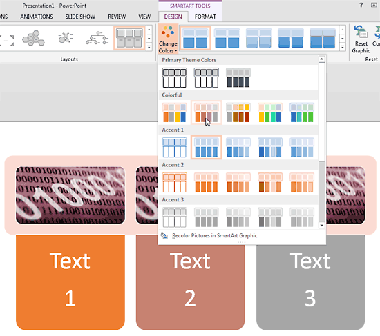 SmartArt graphic showing live preview of the color selected