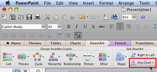 Org Chart button within Edit SmartArt group of SmartArt tab