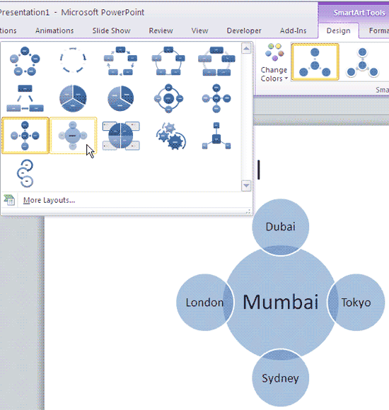 SmartArt graphic showing live preview of the layout selected