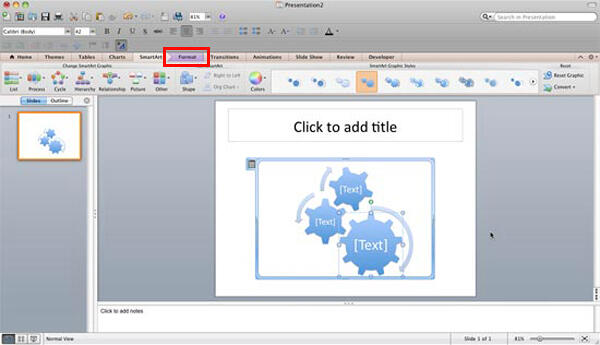 Shape selected within the Gears SmartArt graphic Shape selected within the Gears SmartArt graphic