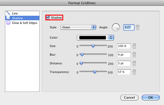 Shadow options within the Format Gridlines dialog box Shadow options within the Format Gridlines dialog box