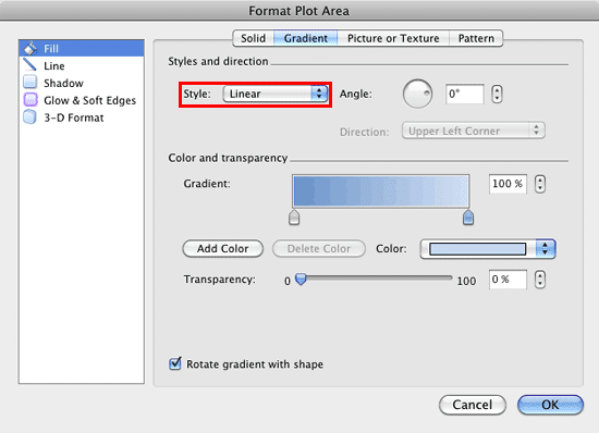 Gradient style selected within the Format Plot Area dialog box Gradient style selected within the Format Plot Area dialog box