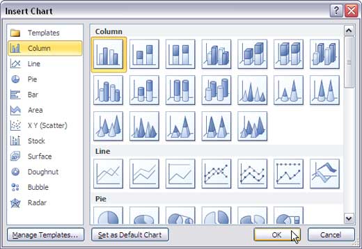 Insert Chart dialog box Insert Chart dialog box