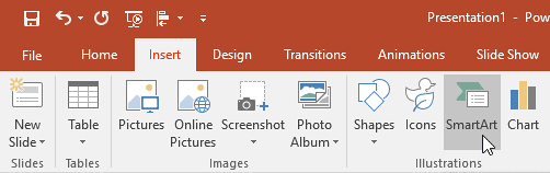 SmartArt button within the Insert tab of the Ribbon