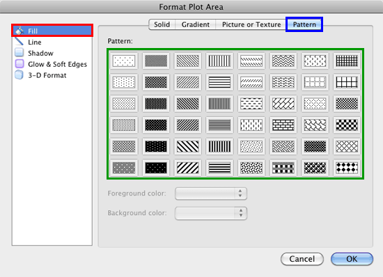 Pattern previews within the Format Plot Area dialog box Pattern previews within the Format Plot Area dialog box