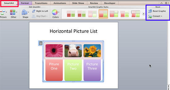 Horizontal Picture List SmartArt with customized color and style