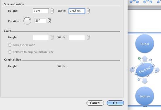 New values entered for resizing and rotating the selected shape