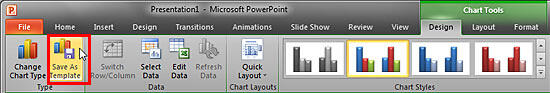 Save As Template button within Type group of the Chart Tools Design tab Save As Template button within Type group of the Chart Tools Design tab