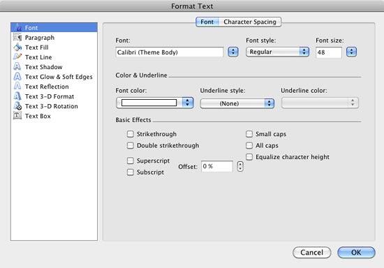 Format Text dialog box Format Text dialog box