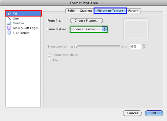 Picture or Texture tab within the Format Plot Area dialog box Picture or Texture tab within the Format Plot Area dialog box