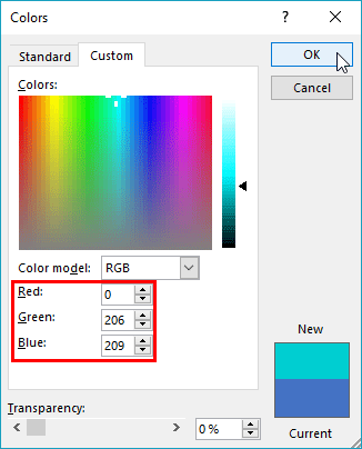 Colors dialog box with changed RGB values