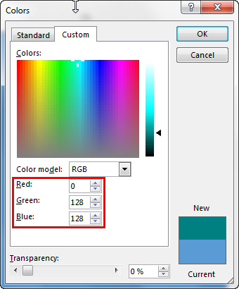 Colors dialog box with changed RGB values