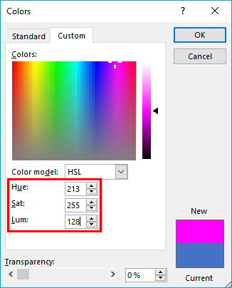 Colors dialog box with changed HSL values