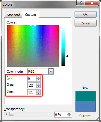 Colors dialog box with changed RGB values