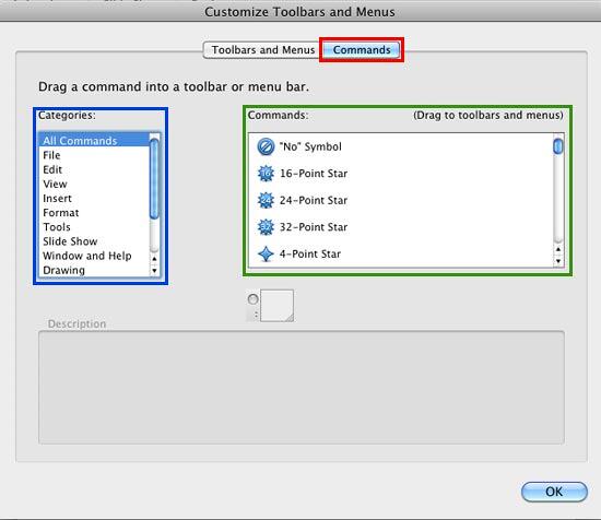 Commands tab within the Customize Toolbars and Menus dialog box