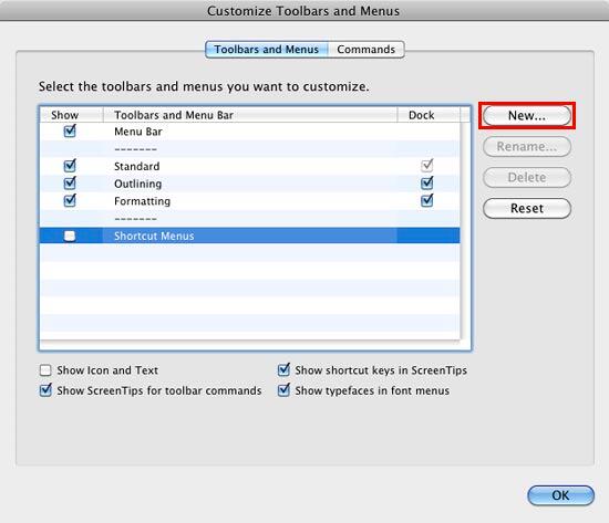 Customize Toolbars and Menus dialog box
