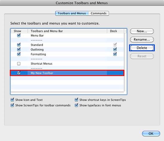 Delete button within Customize Toolbars and Menus dialog box