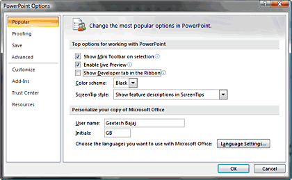 PowerPoint Options dialog box