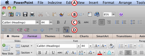 Menu Bar and various Toolbars within PowerPoint 2011 for Mac interface