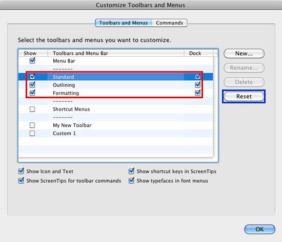 Reset Toolbars within Customize Toolbars and Menus dialog box