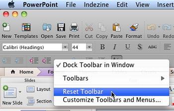 Reset Toolbar option within the contextual menu