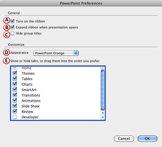 Ribbon editing options within PowerPoint Preferences dialog box