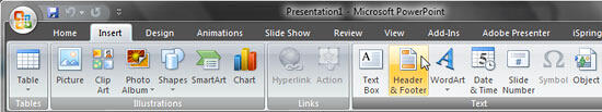 Header and Footer button in the Insert tab of the Ribbon Header and Footer button in the Insert tab of the Ribbon