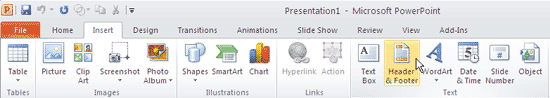 Header and Footer option in the Insert tab of the Ribbon Header and Footer option in the Insert tab of the Ribbon