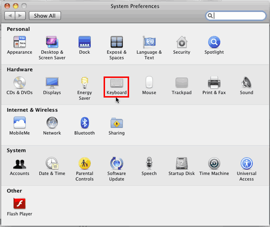 Keyboard option within the System Preferences dialog Keyboard option within the System Preferences dialog