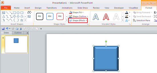 Shape Effects button within Drawing Tools Format tab of the Ribbon