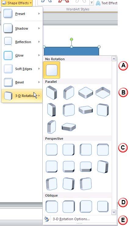 3-D Rotation Options within the Shape Effects gallery